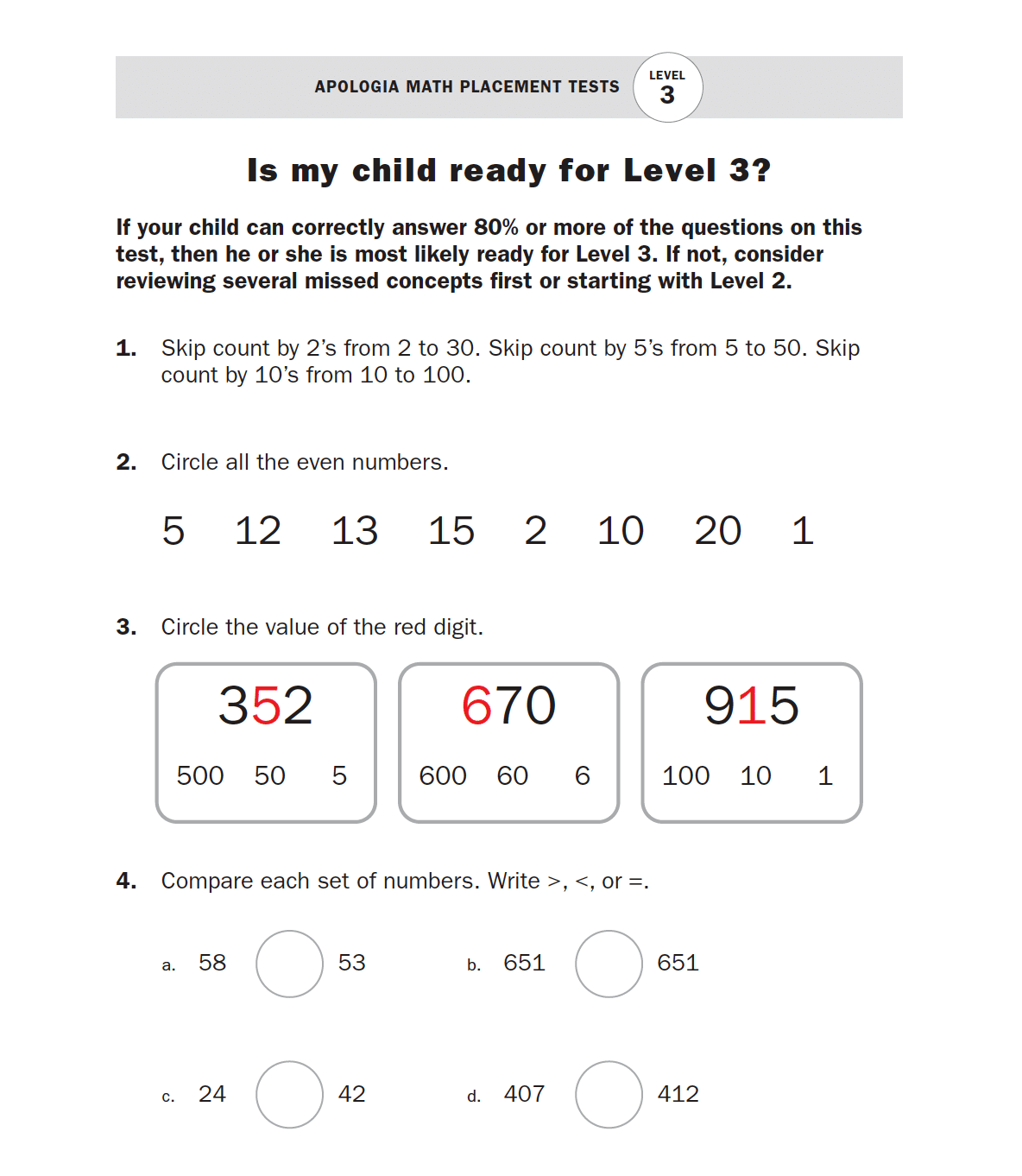 Apologia Math Placement Test